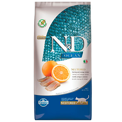 Беззерновий сухий корм Farmina N&D Ocean Herring & Orange Neutered для стерилізованих кішок та кастрованих котів з оселедцем та апельсином
