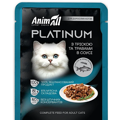АнімАлл вологий корм PLATINUM Пауч для дорослих котів з Тріскою та Травами в соусі