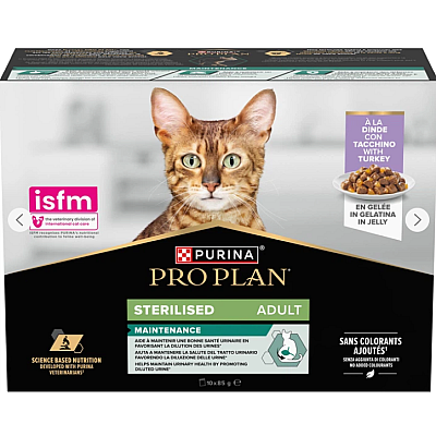 Упаковка вологого корму для дорослих стерилізованих кішок Purina Pro Plan Sterilised шматочки в желе з індичкою