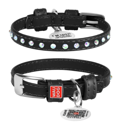 Нашийник для собак шкіряний WAUDOG Glamour з QR паспортом, з клейовими стразами чорний