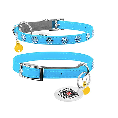 Нашийник Collar WAUCAT GLAMOUR з гумкою, клейовими стразами "Квіточка" блакитний для котів ширина 9 мм, довжина