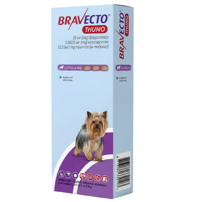 Bravecto TriUNO 25mg БРАВЕКТО ТриУНО три жувальні таблетки для собак