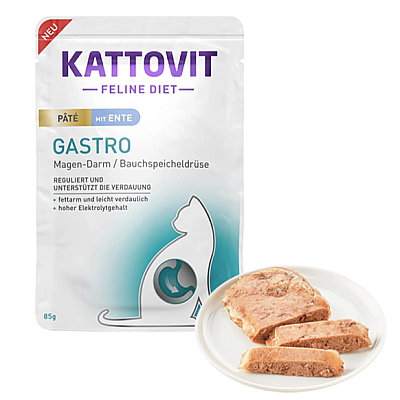 Kattovit Veterinary Gastro Duck Pate КАТТОВІТ ГАСТРО КАЧКА паштет повнораціонний вологий дієтичний корм для котів із захворюваннями шлунково-кишкового тракту та підшлункової залози, пауч