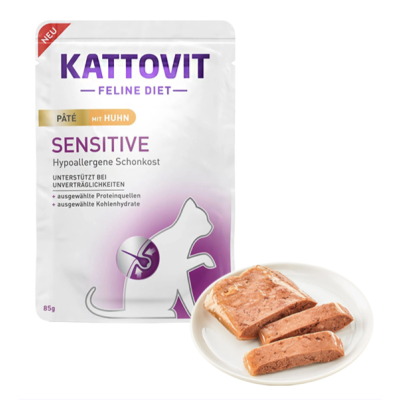 Kattovit Veterinary Sensitive Chicken Pate КАТТОВІТ СЕНСИТИВ КУРКА паштет повнораціонний беззерновий вологий дієтичний корм для котів із харчовою непереносимістю, пауч