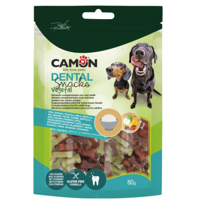 Ласощі для собак Camon Dental Snak Mix, міні-кісточки рисові зі смаком банана, полуниці, яблука та чорниці