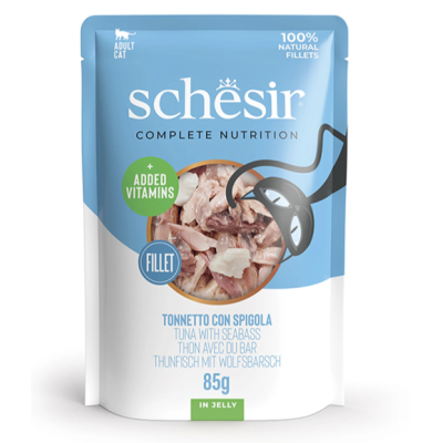 Schesir Tuna with Seabass ШЕЗИР ТУНЕЦ С МОРСКИМ ОКУНЕМ в желе консервы для котов, влажный корм, пауч