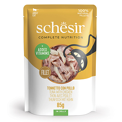 Schesir Tuna and Chicken ШЕЗИР ТУНЕЦЬ З КУРЯЧИМ ФІЛЕ в желе натуральні консерви для котів, вологий корм, пауч