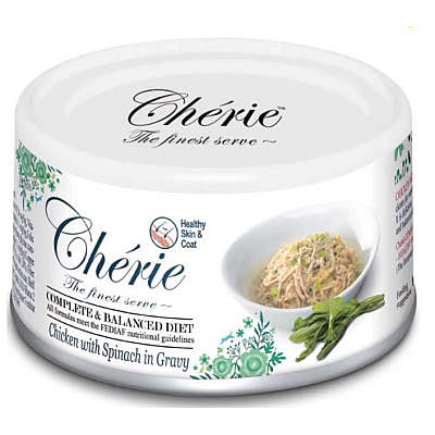 Вологий корм для котів Cherie Complete&Balanced Chicken with spinach здоров'я шкіри та шерсті, зі шматочками курки та шпинату у соусі