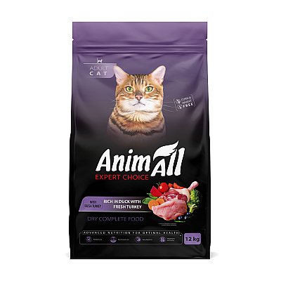Полнорационный сухой корм AnimAll для взрослых кошек со свежей индейкой и уткой