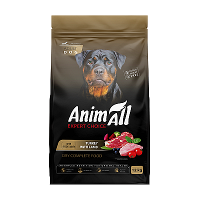 Сухой корм AnimAll для взрослых собак крупных пород, со свежей индейкой и ягненком