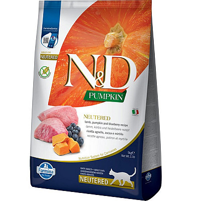 Беззерновой сухой корм Farmina N&D Pumpkin Cat Lamb & Blueberry Neutered для стерилизованных кошек, ягненок, тыква, черника