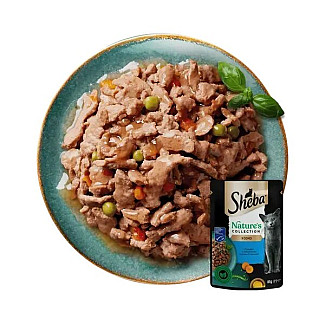Влажный корм для кошек Sheba с тунцем, льняным маслом, морковью и горошком в соусе, 85 г