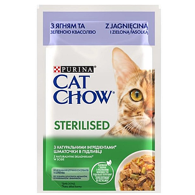 Вологий корм для котів Purina Cat Chow Sterilised ніжні шматочки в желе з ягням та зеленою квасолею