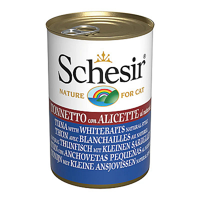 Schesir Tuna with Whitebaits ШЕЗІР ТУНЕЦЬ З АНЧОУСАМИ в бульйоні натуральні консерви для котів, вологий корм банка
