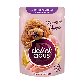 Повнораціонний консервований корм для дорослих собак DELICKCIOUS™ "Смужки з індичкою та сиром в крем супі", 85 г
