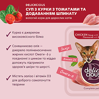 Повнораціонний корм для дорослих котів DELICKCIOUS™  суп з курки з томатами та додаванням шпинату, 80 г