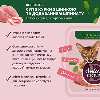 Повнораціонний корм для дорослих котів DELICKCIOUS™ суп з курки з шинкою та додаванням шпинату, 80 г
