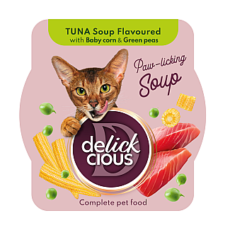 Повнораціонний корм для дорослих котів DELICKCIOUS™ суп з тунця з додаванням мінікукурудзи та зеленого горошку, 80 г