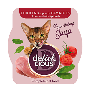 Повнораціонний корм для дорослих котів DELICKCIOUS™  суп з курки з томатами та додаванням шпинату, 80 г