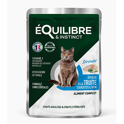 Вологий корм для дорослих та стерилізованих котів eQuilibre & Instinct з фореллю, кабачком і чебрецем