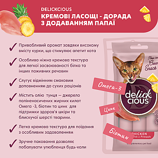 Кремові ласощі для дорослих котів DELICKCIOUS™курка з додаванням ананасу, 4х15 г