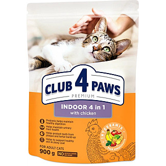 Сухой корм CLUB 4 PAWS PREMIUM Клуб 4 лапы 4 в 1 для взрослых кошек, живущих в помещении, 900 г