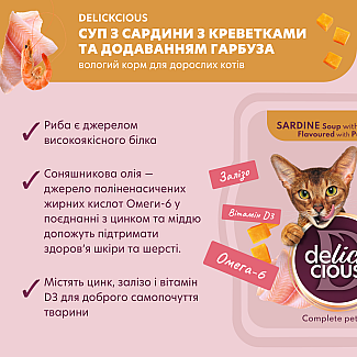 Повнораціонний корм для дорослих котів DELICKCIOUS™ суп з сардини з креветками та додаванням гарбуза, 80 г