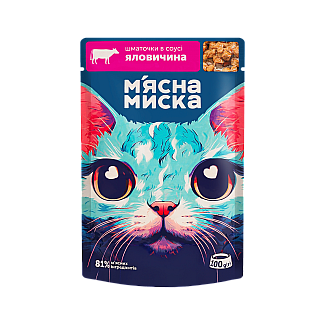 Вологий корм для котів М'ясна Миска шматочки в соусі з яловичиною, 100 г