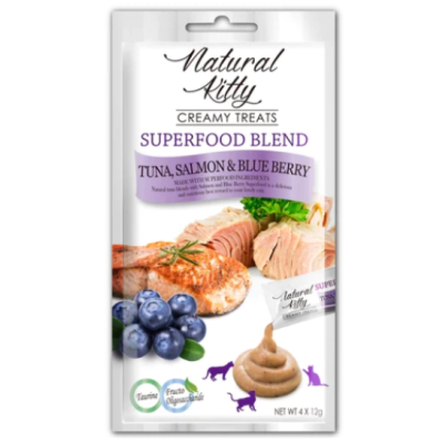 Natural Kitty (Натураль Кітті) Creamy Treats  Ласощі Крем-снек зі смаком лосося, тунця та чорниці