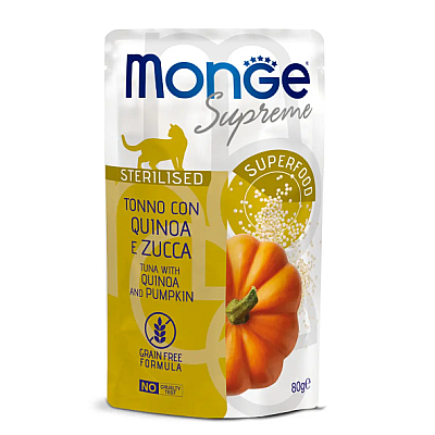 Вологий корм для дорослих стерилізованих котів Monge (Монж) Supreme Sterilised  тунець з кіноа та гарбузом