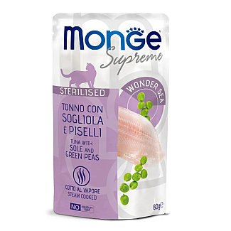 Вологий корм для дорослих стерилізованих котів Monge (Монж) Supreme Sterilised тунeць з камбалою та зеленим горошком, 80 г