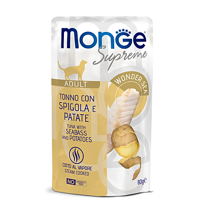 Вологий корм для дорослих котів Monge (Монж) Supreme Adult тунeць з сибасою та картоплею