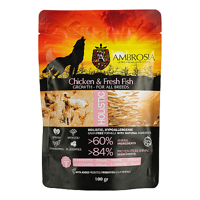  Повноцінний беззерновий корм Ambrosia Grain Free з куркою та рибою для цуценят усіх порід