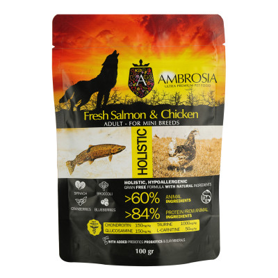 Сухий корм Ambrosia Grain Free для дорослих собак малих порід зі свіжою куркою та лососем