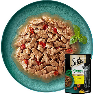 Влажный корм для кошек Sheba Natures курица, томат, льняное масло в соусе, 85 г