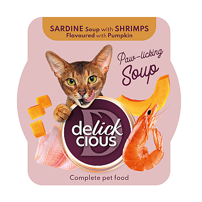 Повнораціонний корм для дорослих котів DELICKCIOUS™ суп з сардини з креветками та додаванням гарбуза