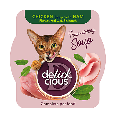 Повнораціонний корм для дорослих котів DELICKCIOUS™ суп з курки з шинкою та додаванням шпинату
