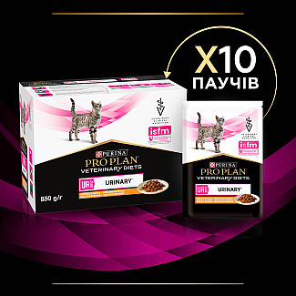 Влажный диетический корм PRO PLAN VETERINARY DIETS UR ST/OX Urinary для взрослых кошек для растворения и снижения образования струвитных камней, кусочки в соусе, с курицей, 85 г