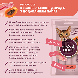 Кремові ласощі для дорослих котів DELICKCIOUS™дорада з додаванням папаї (1+1), 120 гр