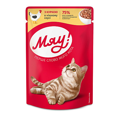 Влажный корм для взрослых котов Мяу! с курицей в нежном соусе