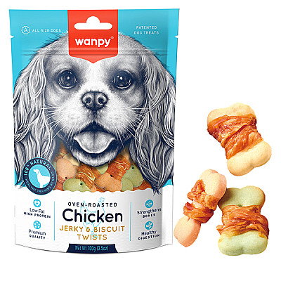 Wanpy Chicken Jerky & Biscuit Twists ВАНПІ БІСКВІТ З В’ЯЛЕНОЮ КУРКОЮ печиво, ласощі для собак