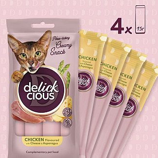 Кремовое лакомство для взрослых кошек DELICKCIOUS™ курица с добавкой сыра и спаржи, 4х15 г