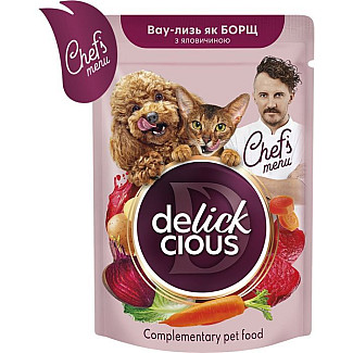 Дополнительный консервированный корм для взрослых кошек и собак DELICKCIOUS™ с говядиной, свеклой и морковью в соусе, 85 гр