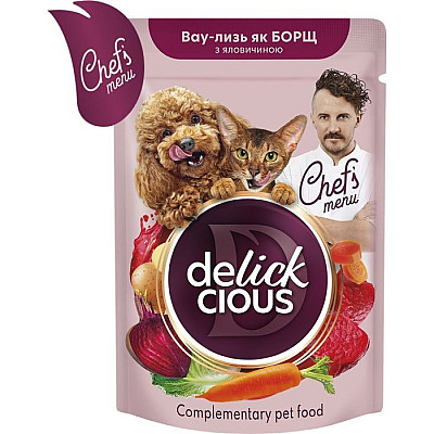 Дополнительный консервированный корм для взрослых кошек и собак DELICKCIOUS™ с говядиной, свеклой и морковью в соусе