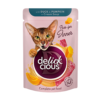 Повнораціонний консервований корм для дорослих котів DELICKCIOUS "Смужки з качкою та гарбузом в крем супі"