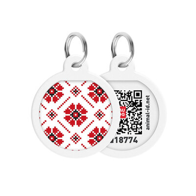 Адресник для собак та котів металічний Waudog Smart ID з QR паспортом, малюнок, малюнок "Вишиванка", коло