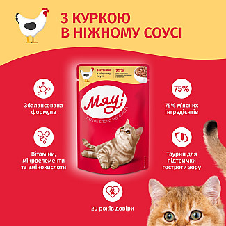 Вологий корм для дорослих котів Мяу! з куркою в ніжному соусі, 85г