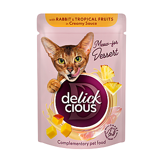 Додатковий консервований корм для дорослих котів DELICKCIOUS™ "Пластівці з кроликом та тропічними фруктами у вершковому соусі", 80 г