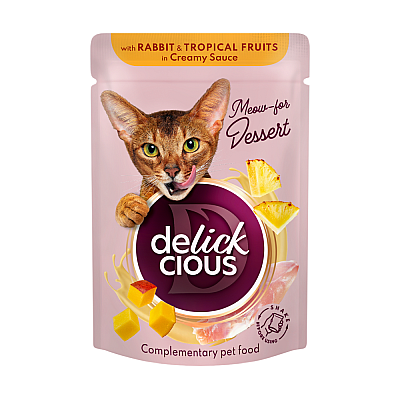 Додатковий консервований корм для дорослих котів DELICKCIOUS™ "Пластівці з кроликом та тропічними фруктами у вершковому соусі"
