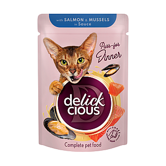 Повнораціонний консервований корм для дорослих котів DELICKCIOUS™ “Шматочки з лососем і мідіями в соусі”, 85 г